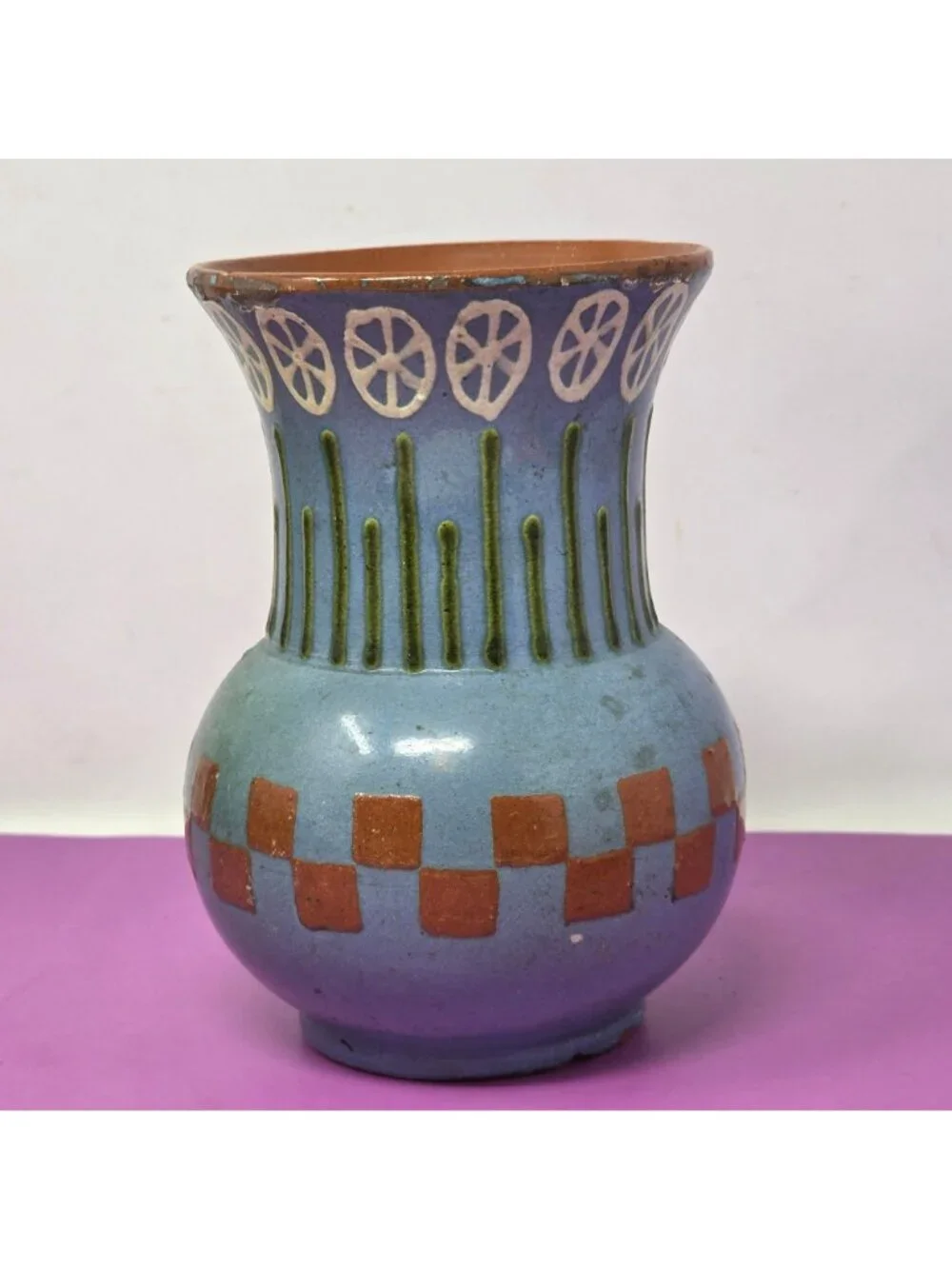 Vintage Studio Art Pottery Vase Blue Geometric Hand Thrown Signed 501